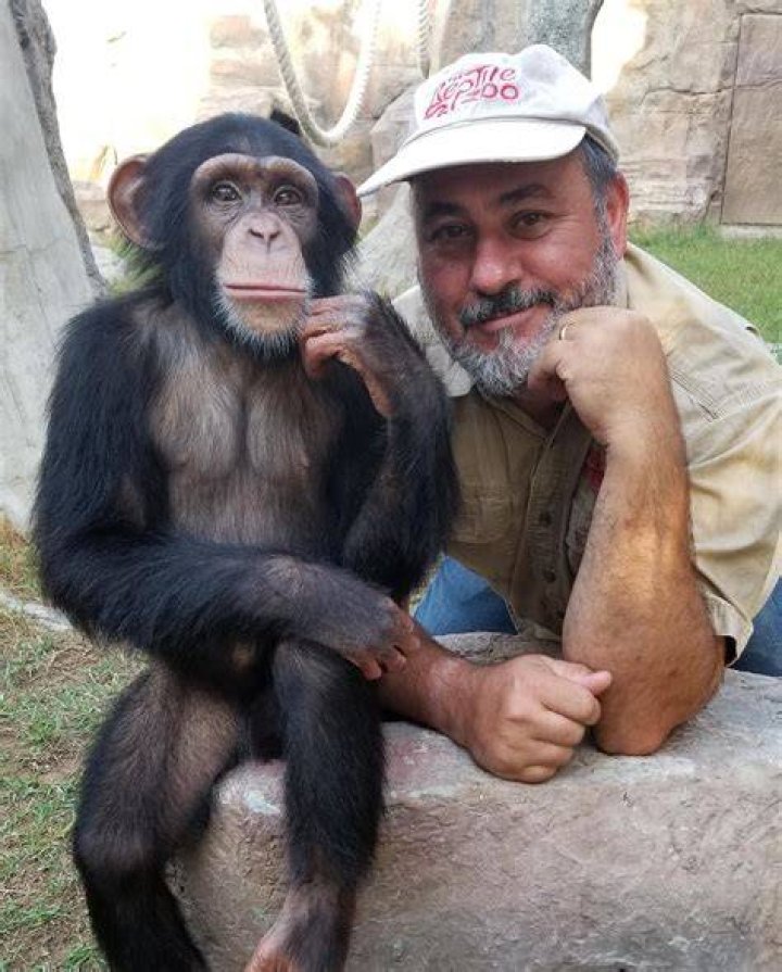 Jay Brewer with a chimpanzee